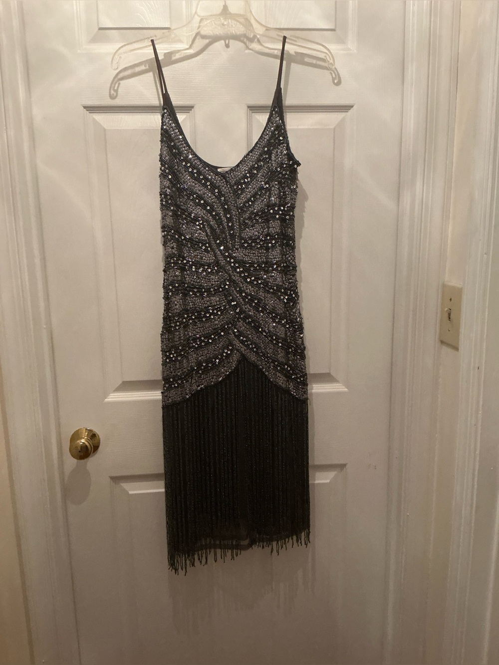 Vintage Stenay Blue Silver Beaded Fringe Flapper Cabaret Dress Sz 8
